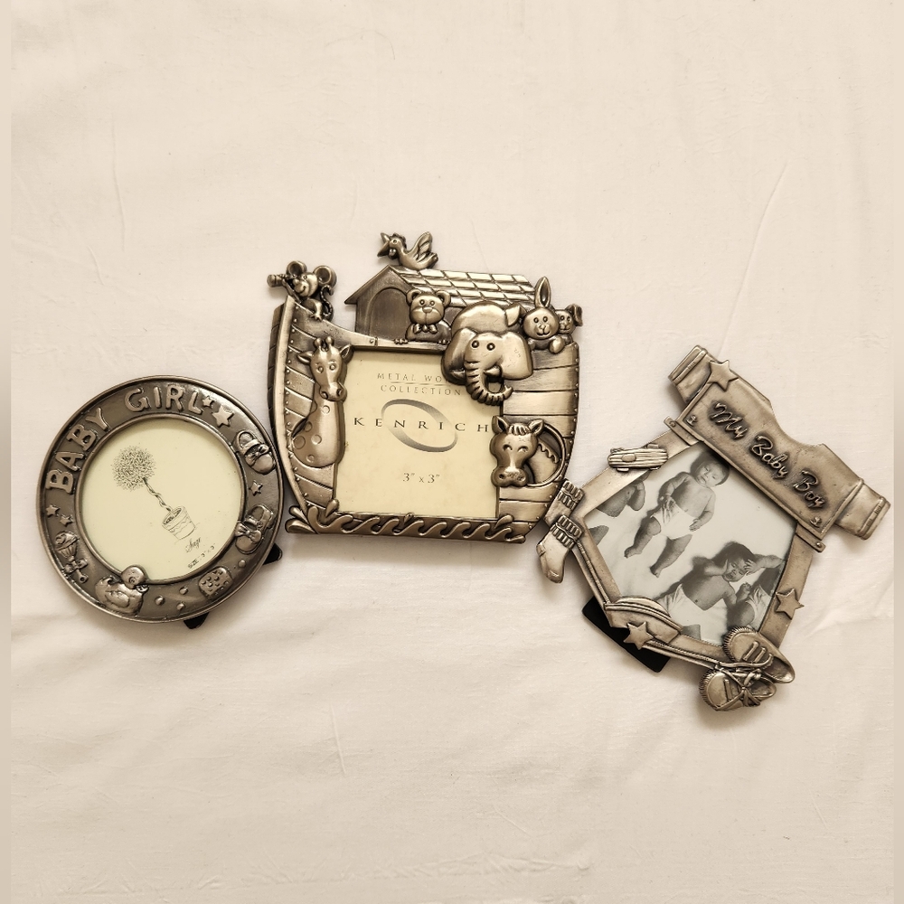 Vintage Pewter Noah’s Ark Picture Frame, Baby Girl & Baby Boy Frame